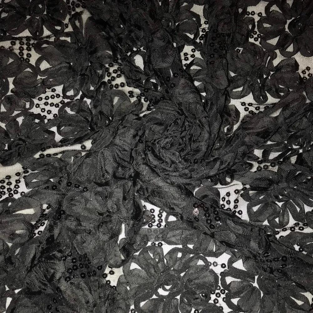 1 YD Black Floral Ribbon 2 Way Stretch Lace with Black Sequins Black Mesh Fabric - Picture 6 of 7